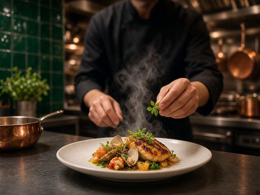 Preparação de pratos no Atelier Culinaria